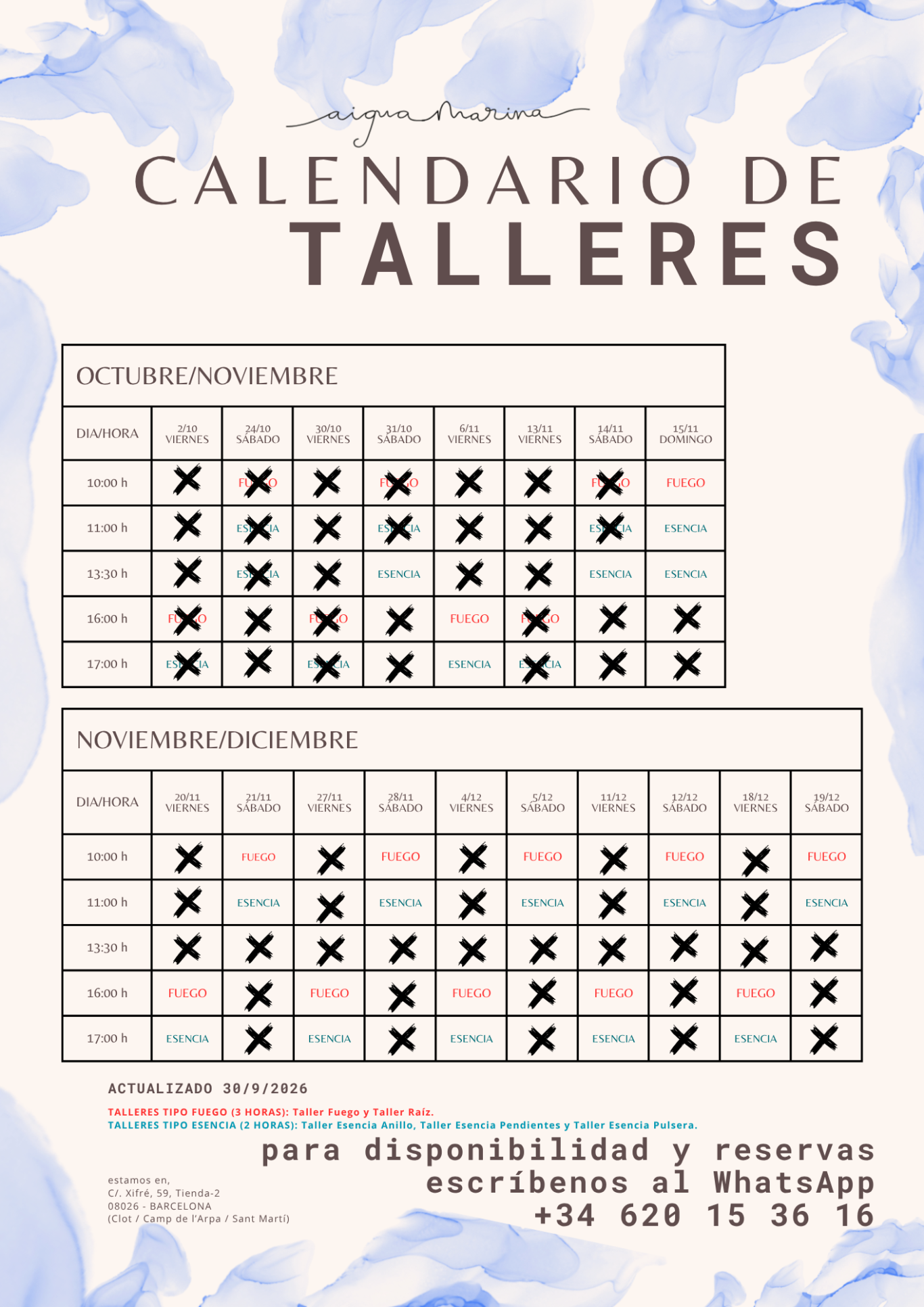 Calendario de sesiones grupales Fuego y Esencia de octubre a diciembre de 2026, con horarios no disponibles tachados. Confirmar plaza por ws