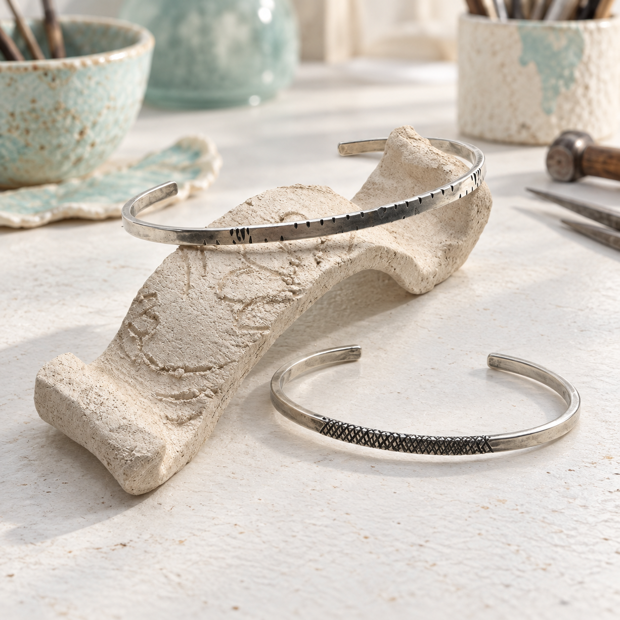 Taller Esencia Pulsera · Crea tu pulsera de plata Dos pulseras rígidas finitas de plata, abiertas y decoradas con diferentes texturas y líneas grabadas.