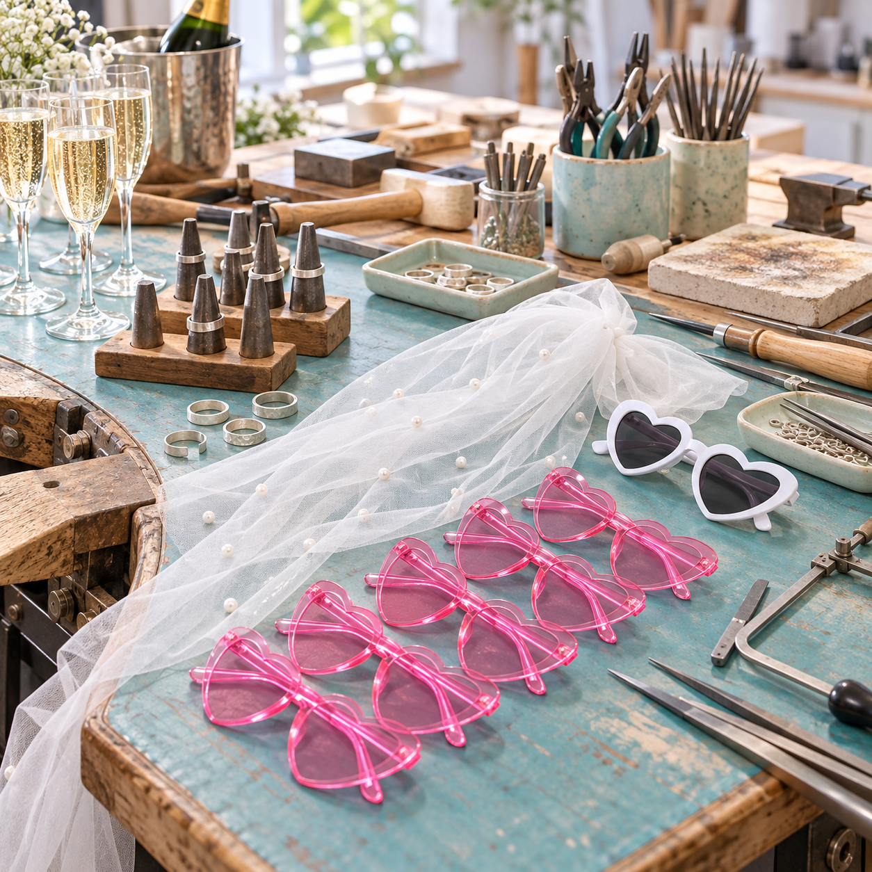 Despedidas de soltera · Taller privado de joyería Mesa de joyería con anillos, herramientas, copas, un velo y gafas en forma de corazón para una despedida de soltera.