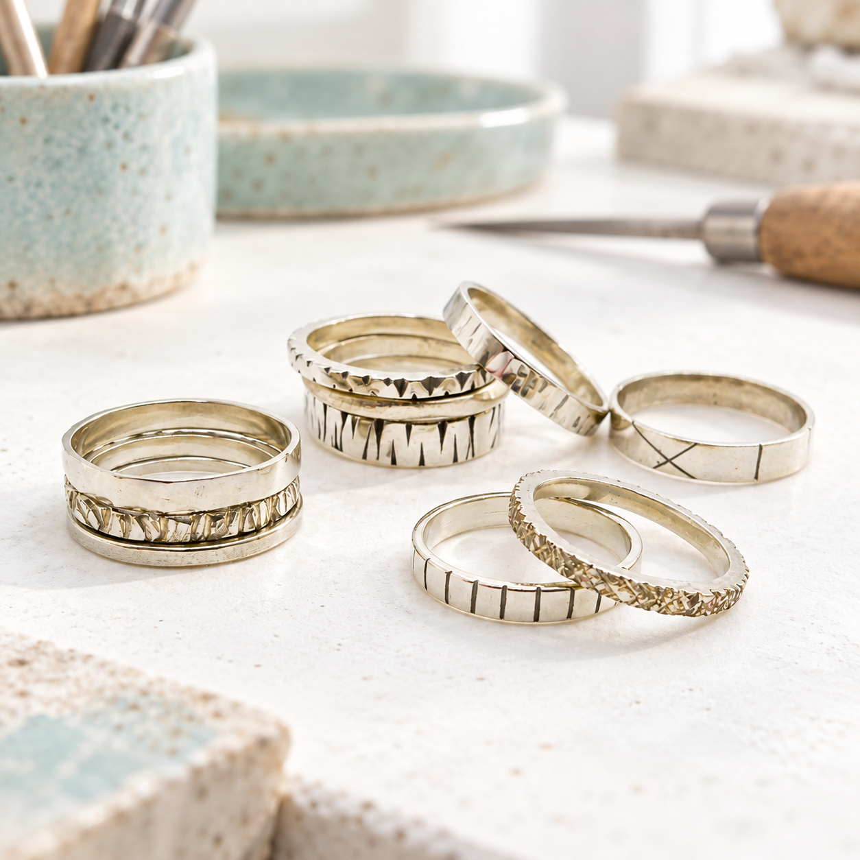 Taller Esencia Anillo · Crea tu anillo de plata Anillos de plata con superficies lisas, líneas grabadas y textura