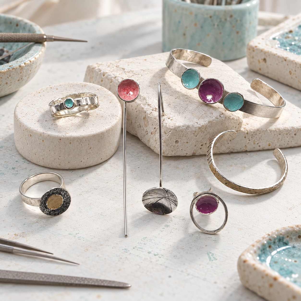 Taller Raíz · Crea tu joya de plata y esmalte Ejemplos de joyas de plata con esmalte de colores para crear en el Taller Raíz.
