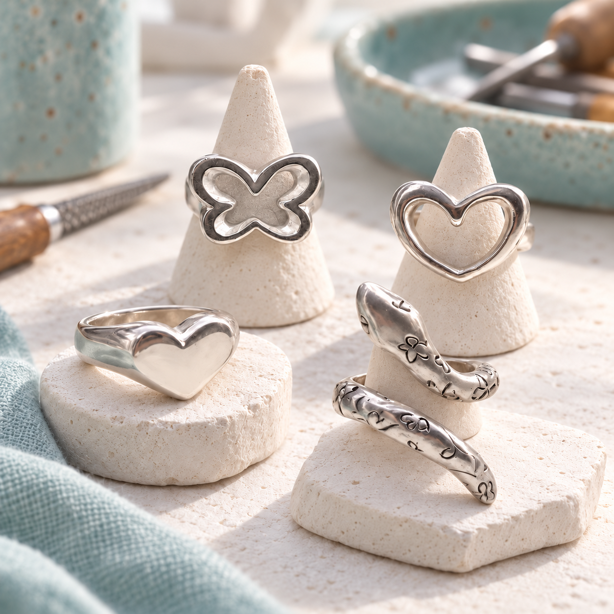 Taller de Cera Perdida · Diseña tu joya Anillos de acabado plateado con diseños de corazón, mariposa y serpiente, sobre pequeños expositores claros.