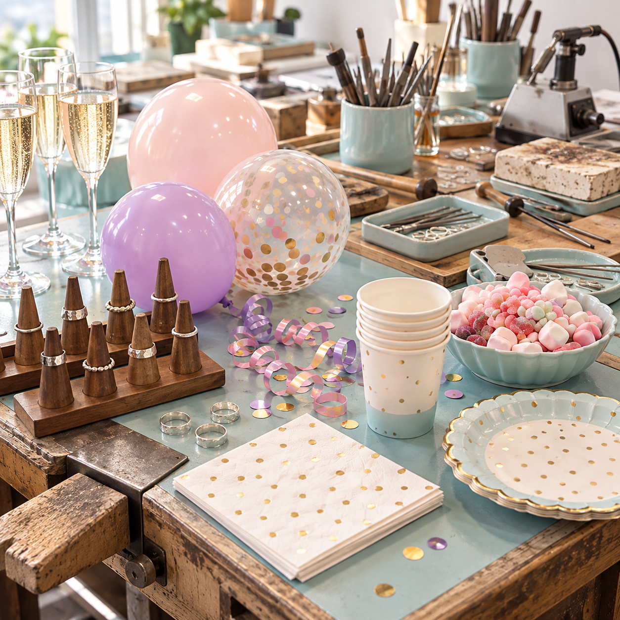 Mesa de taller con anillos y herramientas de joyería, decorada con globos, confeti, copas y dulces. Taller Fiesta · Celebra creando una joya